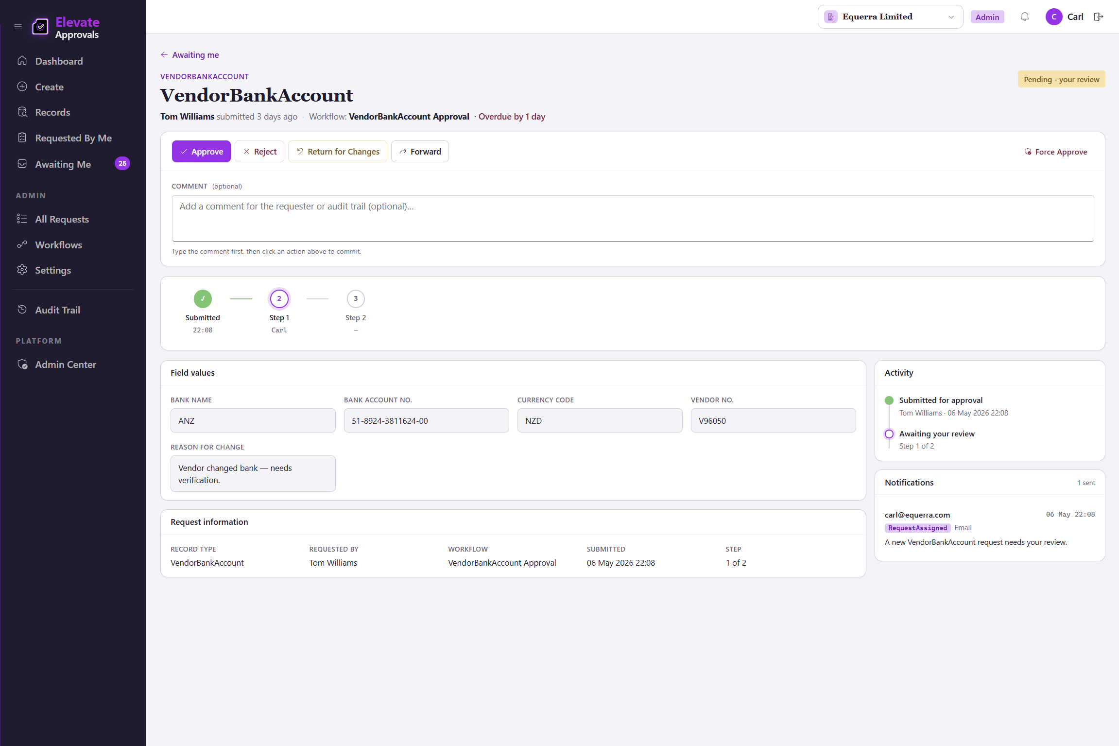 Approval timeline on a vendor bank-account change, showing time-stamped, attributed entries from submission to approval.