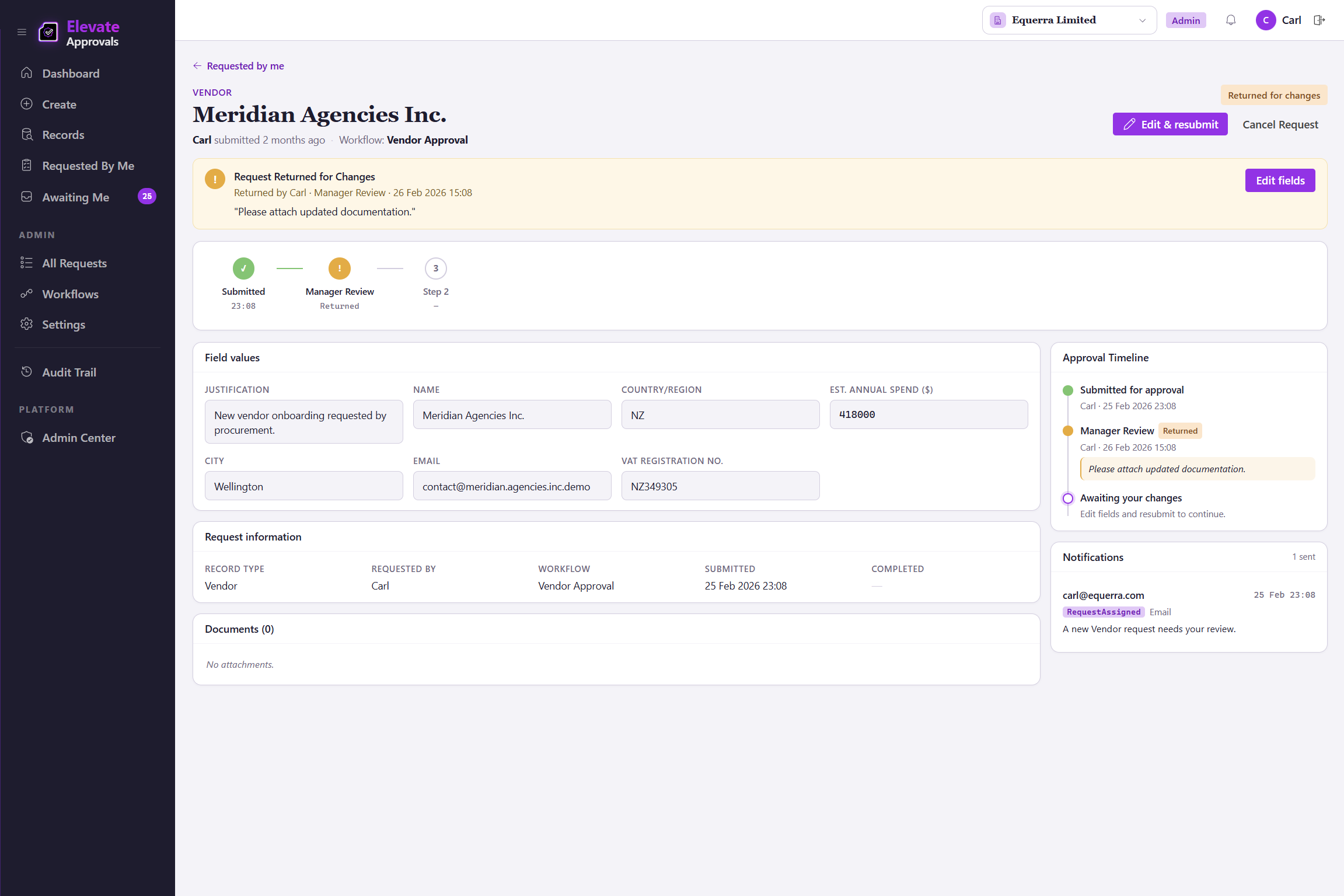 Supplier-facing onboarding form on a secure link